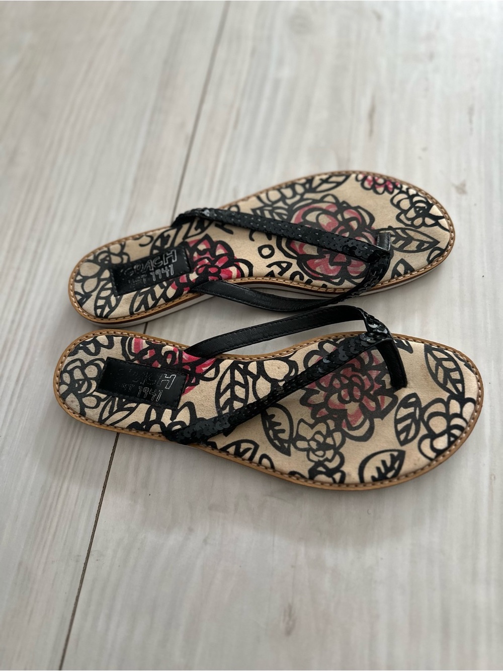 Women's Floral Print Flip Flop Sandals with Black Straps